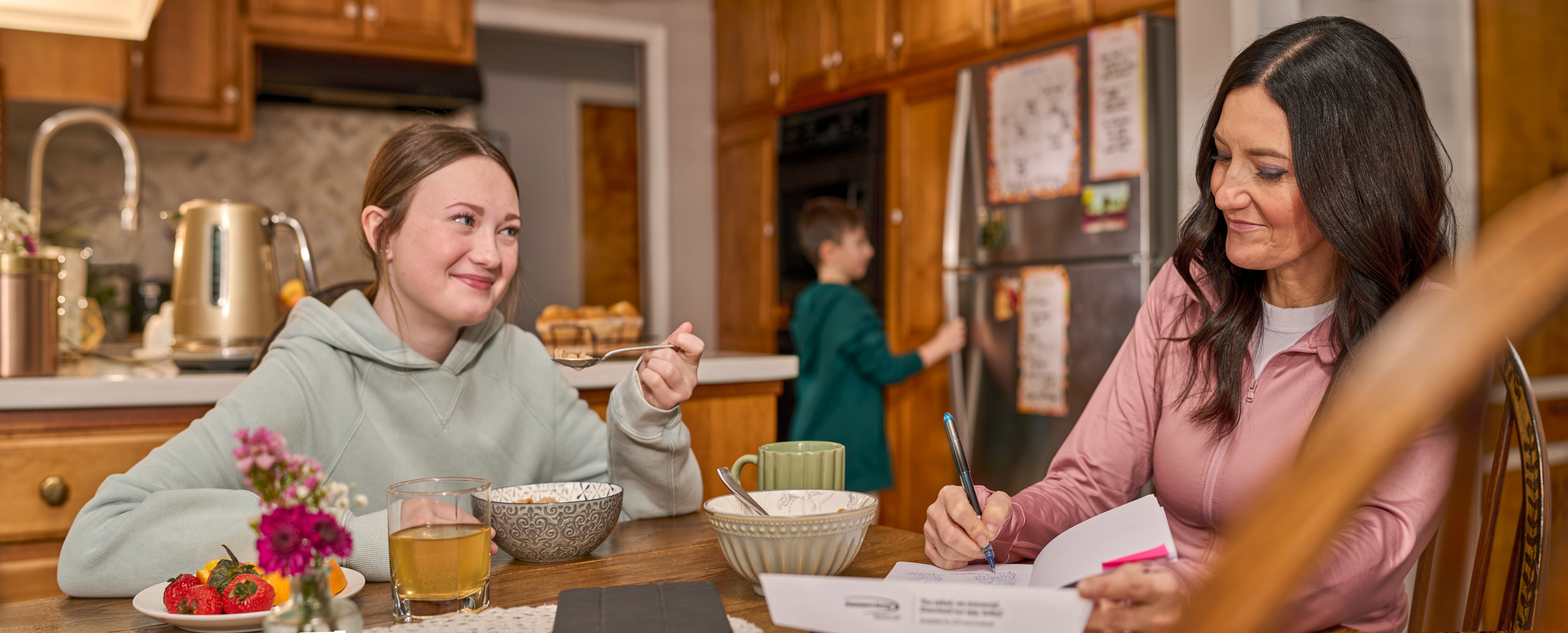 Family eating at a breakfast table